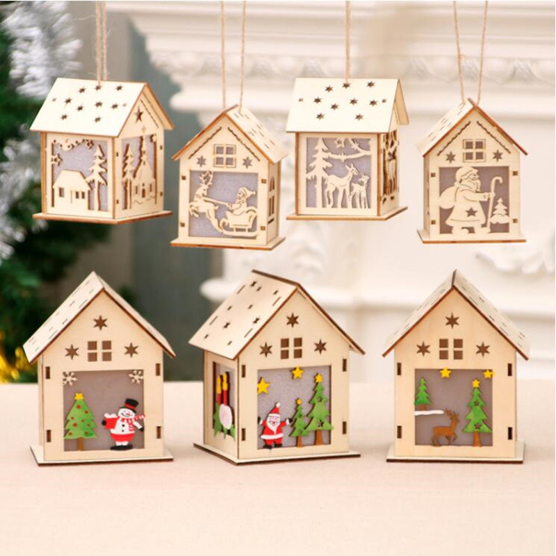 Wooden house with led lights for Christmas craft wholesale
